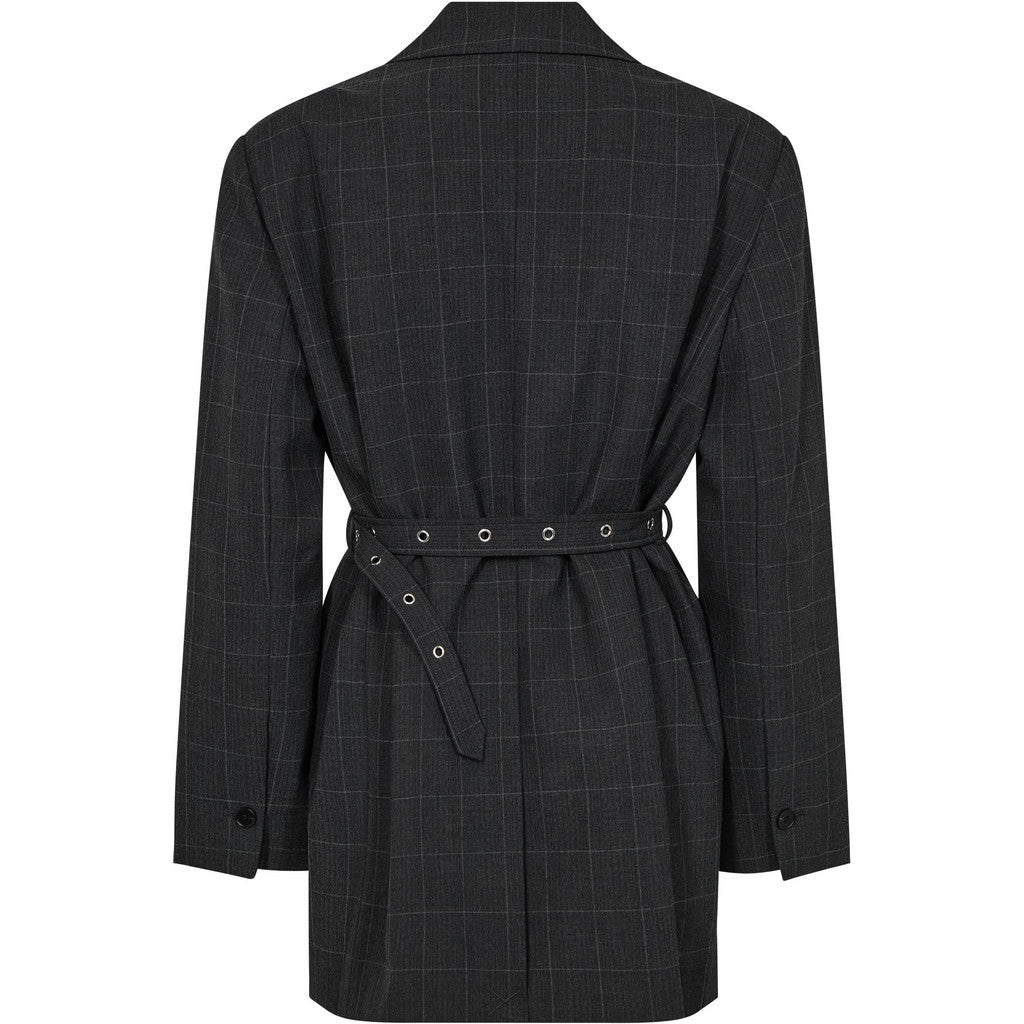 Donkergrijze Haute L'Amitié blazer met ceintuur en subtiel ruitpatroon