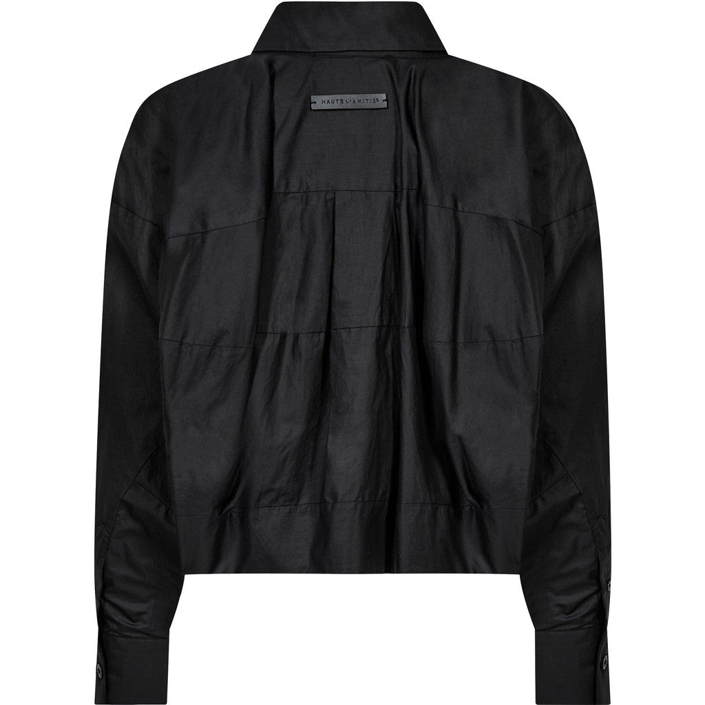 Zwarte Haute L'Amitié blouse met glanzende coating en plooidetails