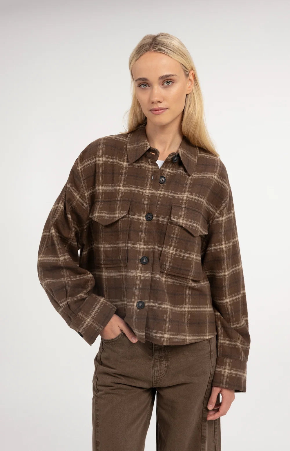 YAYA Blouse Checked Flannel in Cocoa Brown Dessin