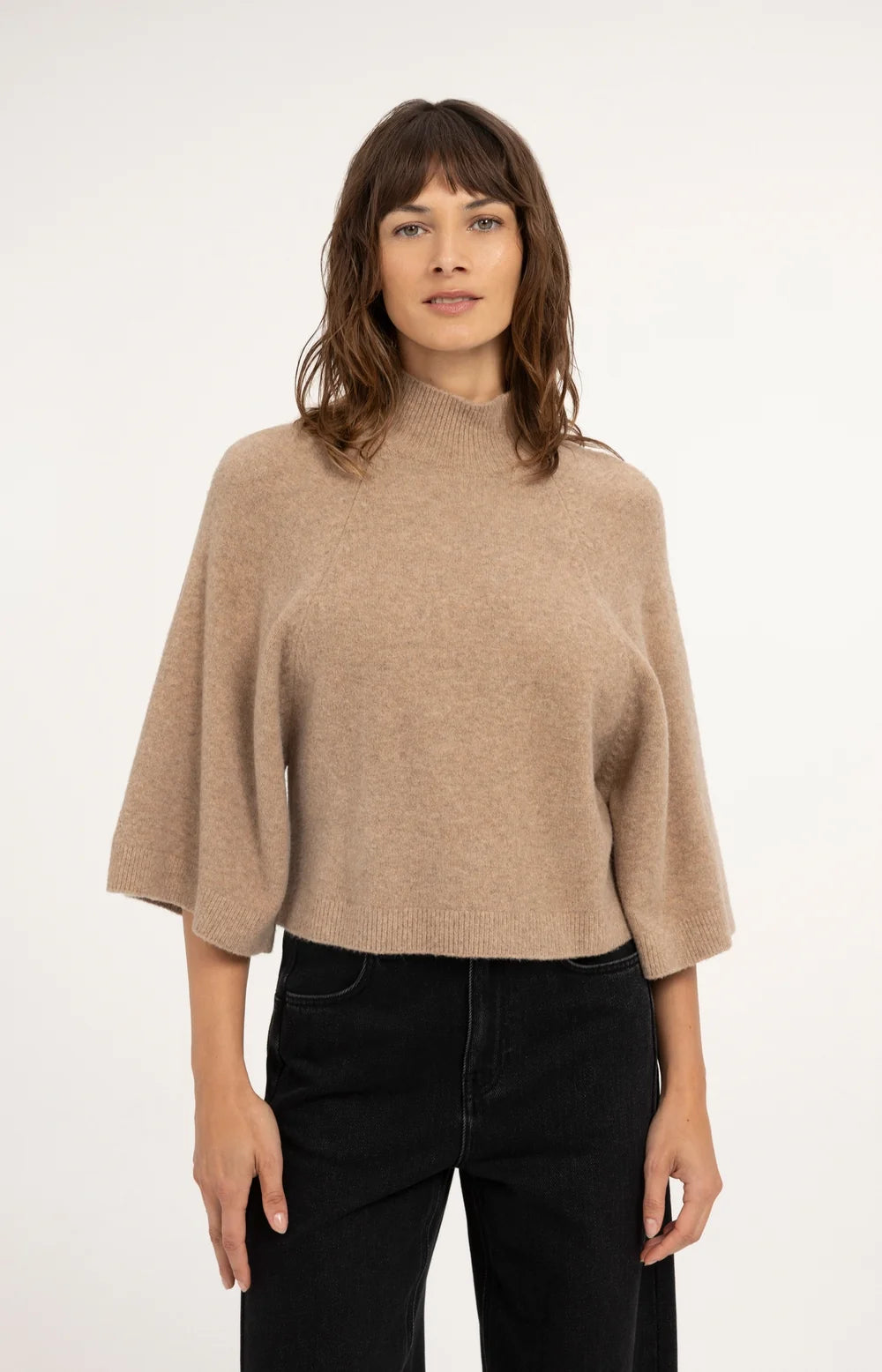 YAYA Trui Wide Sleeve in Dark Beige Melange