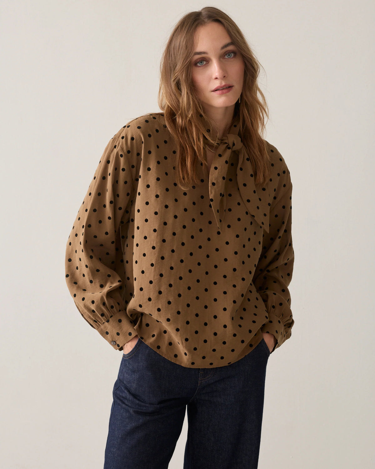 Summum Top Boxy Flock Stippenprint in Bruin