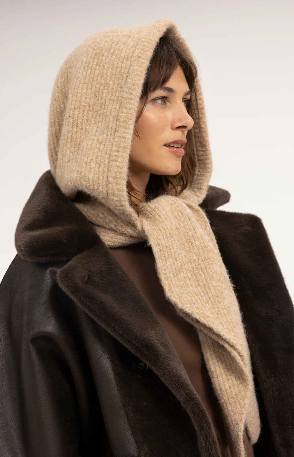YAYA Sjaal Gebreide Capuchon in Dark Beige Melange