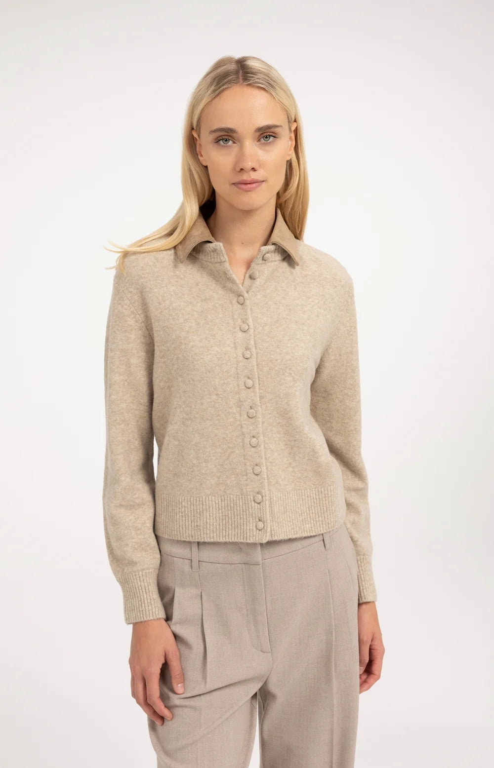 YAYA Vest Afneembare Kraag in Light Beige Melange